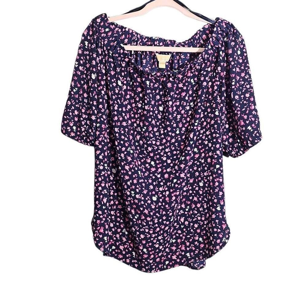 Michael Kors Floral Blouse, Navy Blue with Pink and white flowers. Size Large